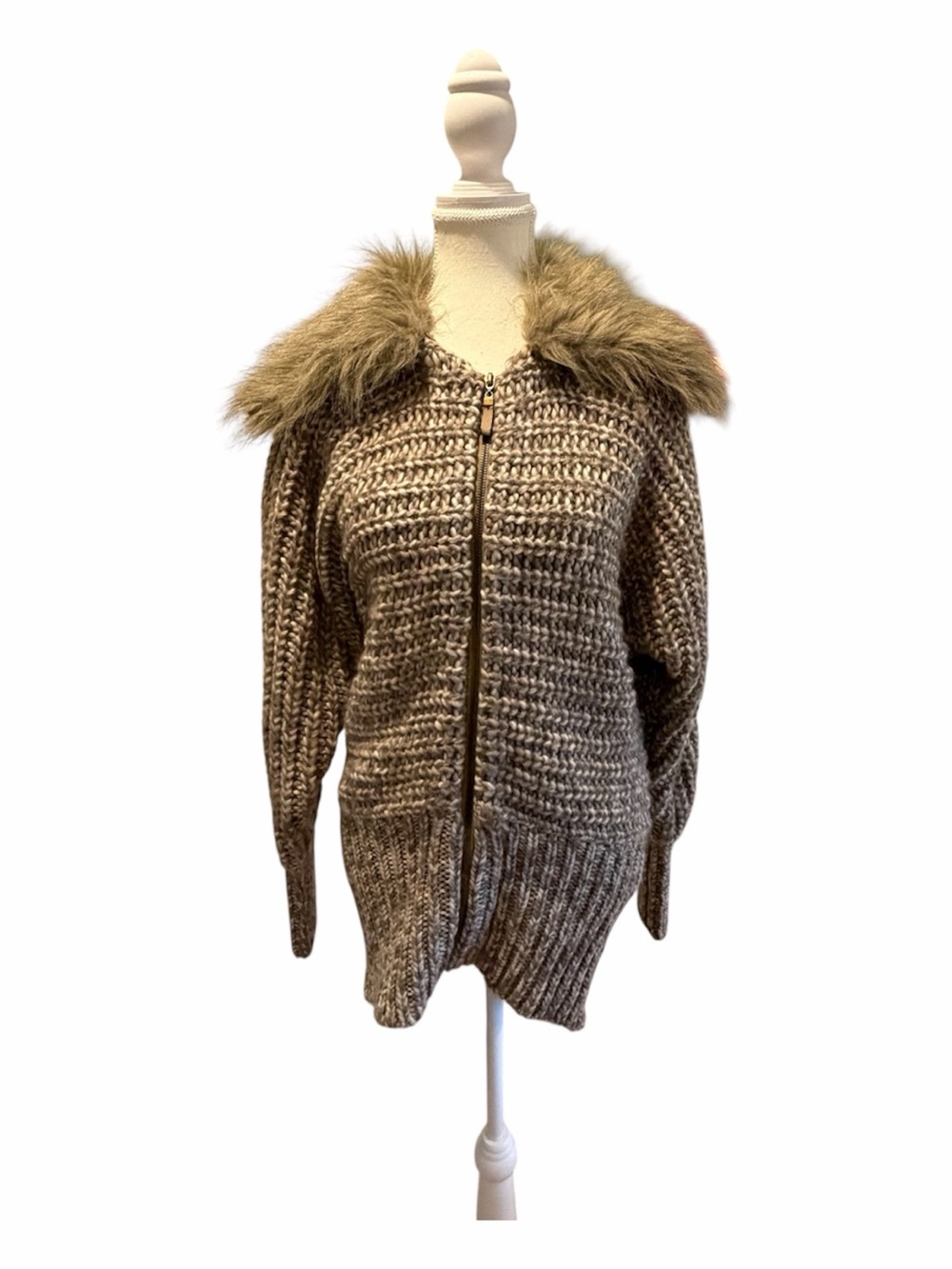 Vtg Spiegel Knit Cardigan Sweater Removable Faux Fur Collar Full Zip M Tan Beige